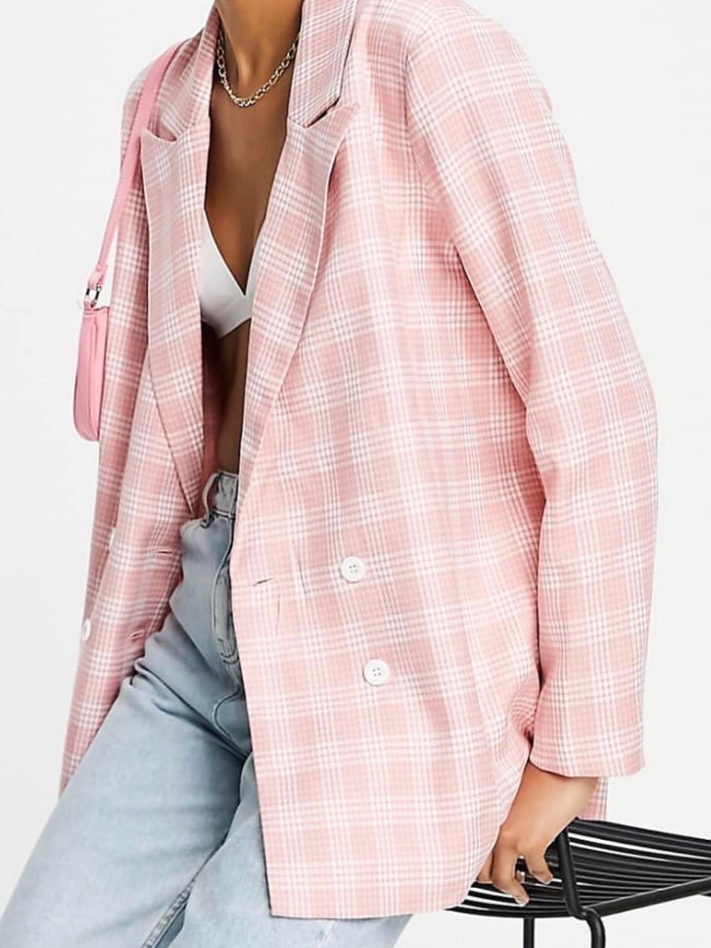 Plaid Pink Oversized Double-Breasted Blazer Jacket